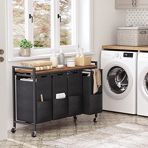 HOOBRO Laundry Sorter 4 Sections, Laundry Hamper with Wheels, 4 × 10.5 Gal (40 L), Rolling Laundry Basket, Pull-Out and Removable Oxford Fabric Bags, Rustic Brown and Black BF04XY01 - color: Rustic Brown + Black