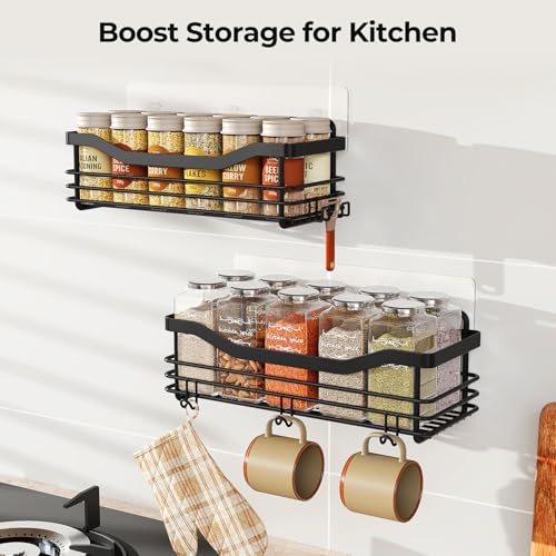 Orimade Adhesive Shower Caddy Shelf with 5 Hooks Organizer Storage Rack Rust Resistant Wall Mounted Stainless Steel No Drilling for Bathroom, Toilet, Kitchen - 2 Pack,Black - color: Black, size: 4.72"D x 12.6"W x 3.54"H