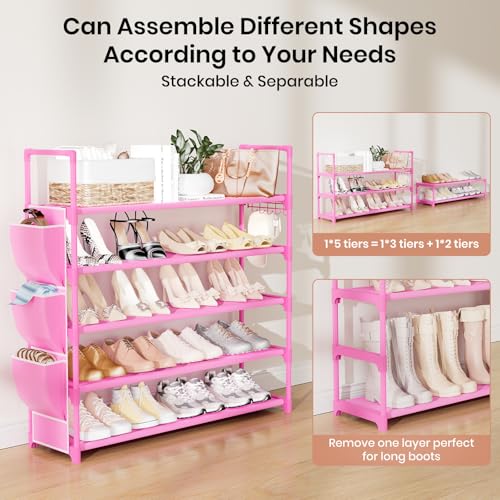 VILICK Shoe Rack for Closet Shoe Organizer Space Saver Storage for 20-25 Pair Shoe Shelf with Hook and Side Pocket Free Standing 5 Tier Shoe Rack Organizer for Entryway,Small Spaces, Pink - color: Pink, size: 33.5"W - 5 Tier