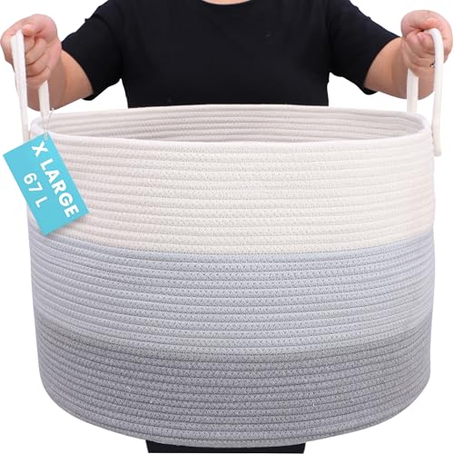 OrganiHaus Large Woven Storage Basket for Blankets and Toys 20" x 13" Inch, Rope Laundry Basket with Handles, Cushions & Pillows Storage Bin, Nursery Hamper, Soft Round Dog Toy Bin - Gray - color: 3-toned Gray, size: Wide