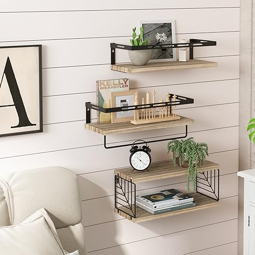 Fixwal Bathroom Shelves Over Toilet, Floating Shelves Wall Mounted with Metal Frame and Towel Bar for Bathroom, Kitchen, Bedroom, Living Room (3 Plus 1 Rustic Brown) - color: 1-rustic Brown