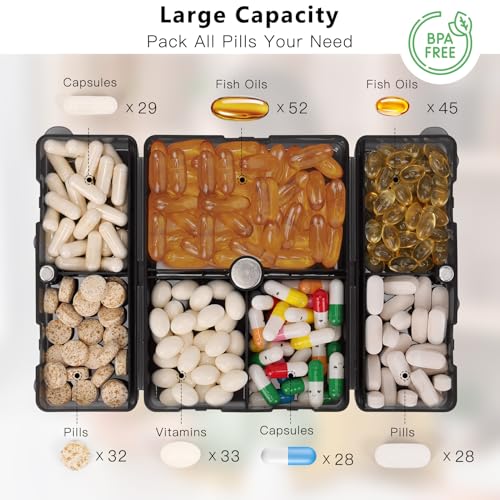 FYY 2 Pcs Daily Pill Organizer, 7 Compartments Portable Pill Case Travel Pill Organizer,[Folding Design]Pill Box for Purse Pocket to Hold Vitamins,Cod Liver Oil,Supplements and Medication-Clear Black - color: Clear Black, size: Large (1 Piece), Small (1 P