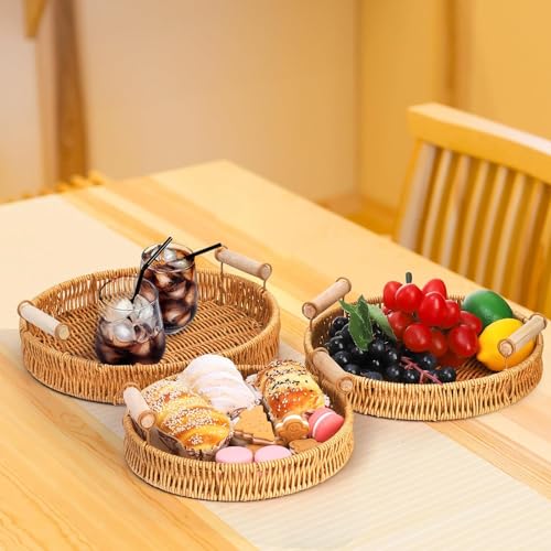 GIB Small Round Rattan Serving Trays with Handles, Decorative Woven Wicker Baskets Serving Trays for Coffee Table Decor, Bread, Fruit, Snacks, Set of 3 - color: Round - Set of 3