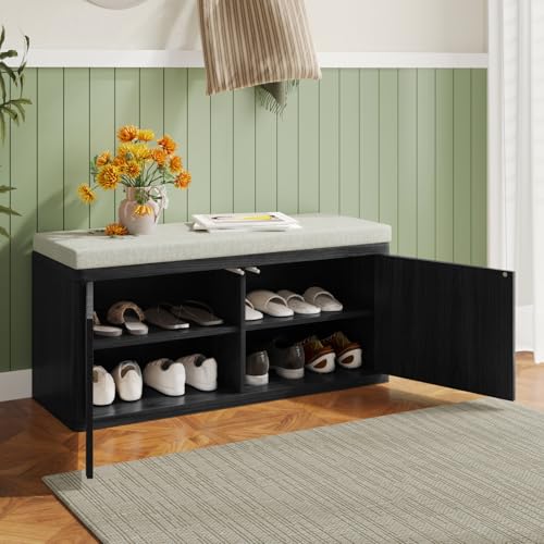 Shoe Cabinet Bench with Cushion,Double Layered Wooden Shoe Bench with Soft Cushion,Shoe Rack for Entryway,Bedroom,Living Room (Black Sturdy Shoe Storage Bench) - color: Black Sturdy Shoe Storage Bench