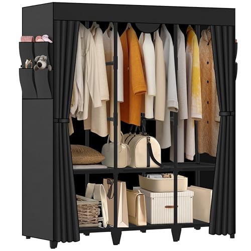 Wardrobe Closet, Quick and Easy Assembly, Black Large Capacity Portable Closet with 3 Hanging Rods 6 Storage Shelves and 8 Side Pockets, Clothes Rack with Cover, for Bedroom and Living Room - color: Black, size: 50 Inch