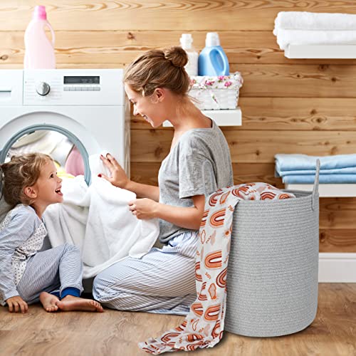 XUANGUO Cotton Rope Laundry Basket Hamper for Clothes Woven Storage Basket for Living Room Bedroom Boho Tall Rope Baskets for Blanket Toys Pillow Towels Baby Nursery Hamper Bin Large light grey - color: light grey, size: Regular