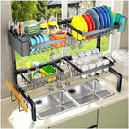 YKLSLH 4 Baskets Over The Sink Dish Drying Rack, Extendable Large Capacity Sink Rack, Metal Drying Rack Saving Space,for Most Sinks (26.57"-35") - color: Black, size: 2 tiers 4 baskets
