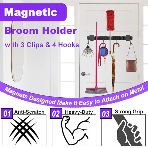 Magnetic Mop Broom Holder, Heavy Duty Magnetic Mop Hanger with Swivel Hooks for Cleaning Tools, Strong Magnet Mount Tool Hanger Organize System Utility Rack for Refrigerators Laundry Garage Kitchen - size: D66 Magnetic Broom Holder