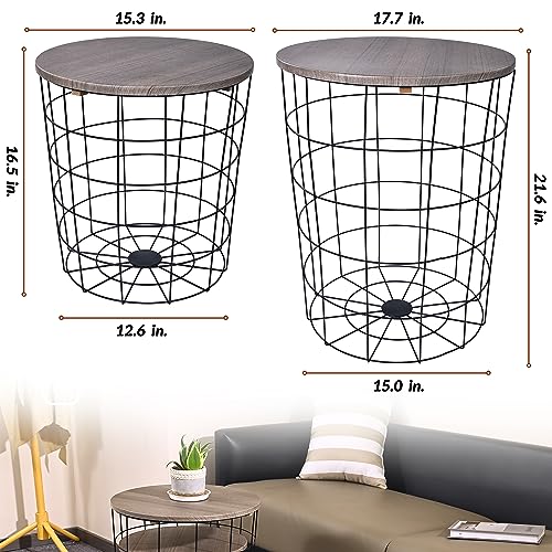 Elevon Nesting Table End Table Wire Basket Base with Wood Tops Side Table Set of 2, Gray - color: Grey