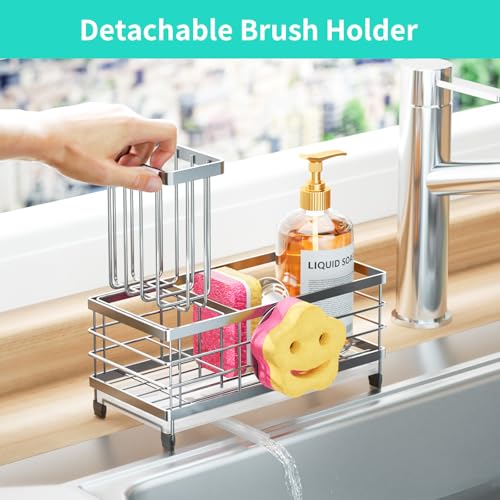 HapiRm Sponge Holder for Kitchen Sink - Self-draining Sink Caddy with Smiley Face and Brush Holder, Stainless Steel Kitchen Organizer for Countertop - Silver - color: Silver, size: with Smiley Face Sponge Holder（single）