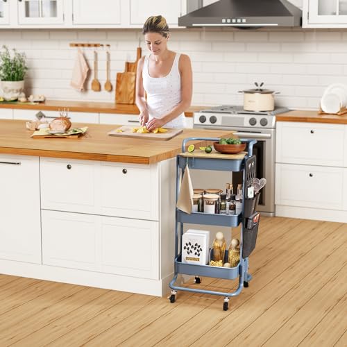DTK 3 Tier Metal Utility Rolling Cart with Table Top and Side Bags, Metal Tray Storage Organizer Cart with Wheels, Art Craft Cart with 4 Hooks for Kitchen Bathroom Office Living Room (Blue) - color: Blue, size: Large
