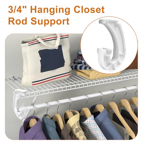 4Pcs Hanging Closet Rod Support, 3/4 Closet Shelf Rod Holder, White J-Shaped Closet Brackets for Hanging Clothes,Cabinets Storage and Curtain