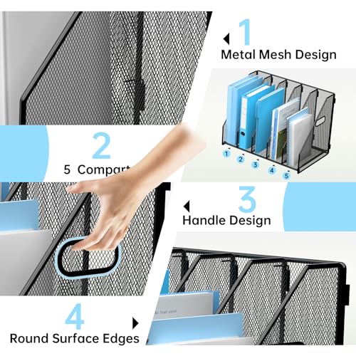 MINDEPOT Desk File Organizer Metal Desk Magazine Folder Holder with 5 Vertical Compartments Rack File Organizer for Office, Home, School, Black - color: Black