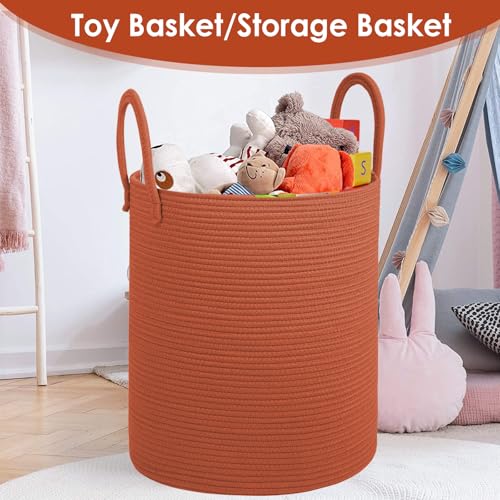 Cotton Rope Laundry Basket, Large Capacity Storage Bin with Handles, Blanket Basket for Living Room, Ribbed Texture, Brick Red, XX Large 100L - color: Brick Red, size: 100L