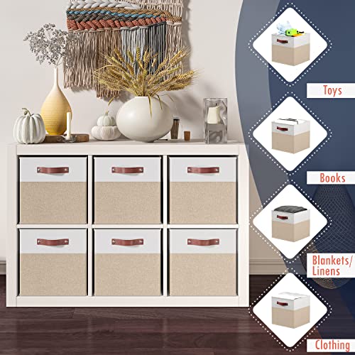 Ornavo Home 11 x 11 Storage Cube Bins, Foldable Collapsible Fabric Storage Bins Box Linen Shelf Basket Cube Organizer for Closet with Leather Handles, 6 Pack, White/Khaki - color: White/Khaki, size: Cube - 11 x 11 x 11
