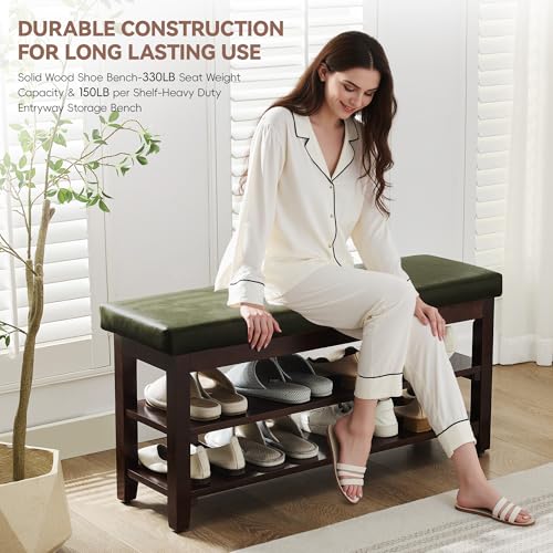 40" Shoe Bench with Leather Cushion, 2-Tier Shoe Rack Entryway Bench, Wood Bench for Front Door Entrance, Mudroom, Hallway, Wooden Shoe Shelves, Shoe Organizer, Shoe Storage, Green - color: Green