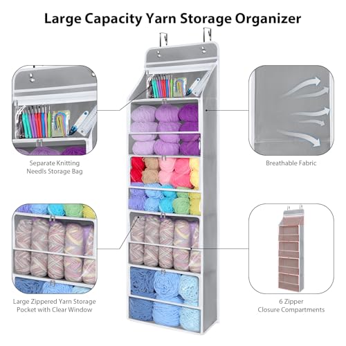 Univivi Hanging Yarn Storage Organizer with 5 Zipper Closure Compartments, Large Capacity Knitting Organizer Storage, Over the Door Hanging Yarn Holder for Knitting Needles, Crochet Hooks (Light Grey) - color: Grey, size: 5 Tiers