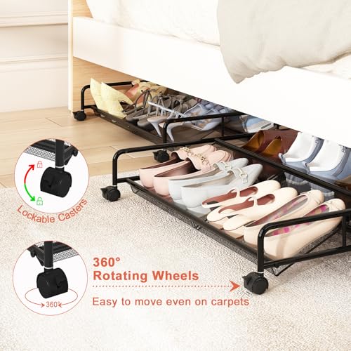 Under Bed Shoe Storage Organizer, Metal Mesh Under Bed Storage Containers with Wheels, Shoe Organizer Drawer Space Saving for Bedroom, 1 Pack - size: 1 Pack