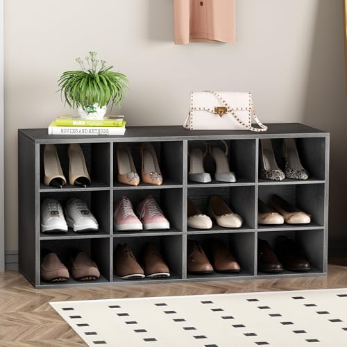 Garden 4 you Shoe Storage Bench, Cubby Shoe Rack with 12 Cubbies, 3-Tier Wood Shoe Rack Organizer, Shoe Organizer Cabinet for Entryway, Hallway, Closet and Garage, Black - color: Black, size: 12-cube 3-tier
