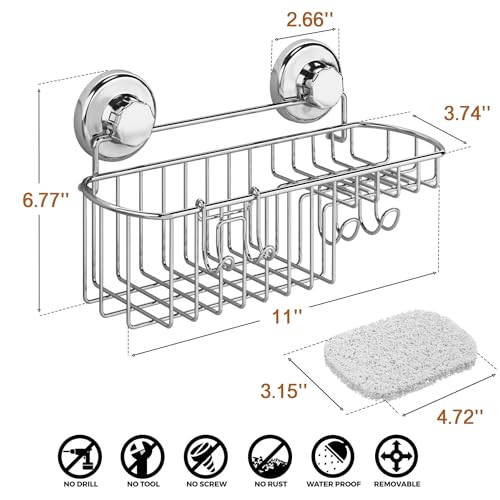 HASKO Suction Cup Shower Caddy Basket for Shampoo, Shower Suction Shelf Organizer, Basket with Soap Holder and Hooks, Stainless Steel Shampoo Holder for Bathroom Storage, Chrome - color: Chrome