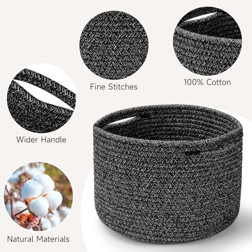 Small Rope Baskets for Storage, Baskets for Gifts Empty, Cute Round Woven Basket, Decorative Shelf Baskets 9.82×9.82×7.1", Cotton Toy Basket Storage Bins for Organizer 3 Packs Black - color: Mixed Black-3PCS