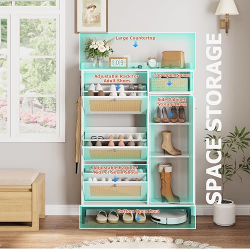 GarveeHome Shoe Cabinet Rattan with 3 Flip Drawers and 4-Tier Shoe Storage Cabinet, Freestanding Shoe Organizer with Adjustable Shelves for Entryway, Closet, Hallway (White) - color: White, size: 3-Drawers + 1-Door