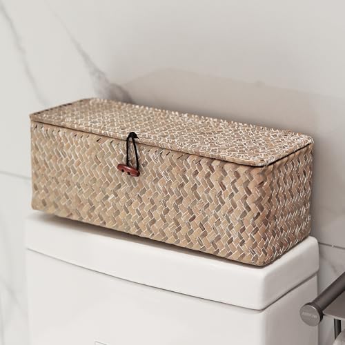 Whitewash Seagrass Tank Basket with Lid Woven Toilet Roll Storage Basket with Sections Rectangular for Organize Snack Toys (Large Compartment 16.5inch L x 5.5inch W x 5.5inch H) - color: Whitewash