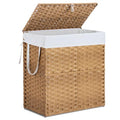 110L Laundry Hamper with Lid, Hand-Woven Pp Rattan Laundry Basket with Compartments & Handles, Removable Liner Bags,Foldable, Narrow Dirty Clothes Basket, Yellow - color: 110L-Yellow