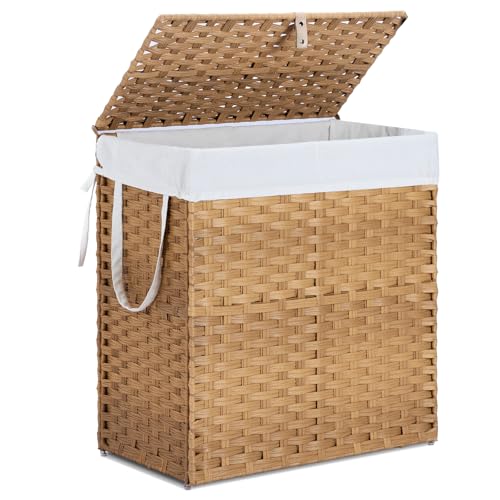 110L Laundry Hamper with Lid, Hand-Woven Pp Rattan Laundry Basket with Compartments & Handles, Removable Liner Bags,Foldable, Narrow Dirty Clothes Basket, Yellow - color: 110L-Yellow