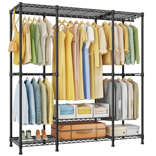 Ulif E3 Heavy Duty Garment Rack, 4 Tiers Freestanding Closet Organizer System with 5 Shelves, Metal Closet Organizer and Storage System for Clothes, Max Load 850lbs, 58.4"W x 15.7"D x 77.3"H, Black - color: Black