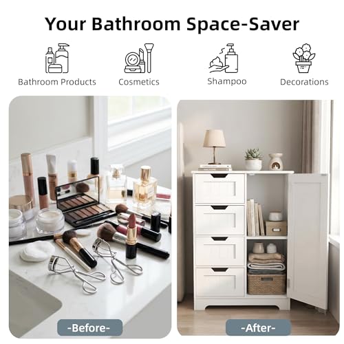 Casaphoria Bathroom Storage Cabinet with Drawers, Freestanding Floor Cabinet with Door and Adjustable Shelf, 4-Drawer Sideboard for Bathroom, Living Room, Kitchen, White - size: 22.04"L×11.81"W×32.68"H