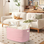 75L Large Woven Storage Basket, Pink Cotton Rope Laundry Hamper with Handles, 22”x17”x12” Rectangle Blanket Basket for Toys, Clothes, Pillows, Nursery and Living Room,Shelf Basket - color: Soft Pink