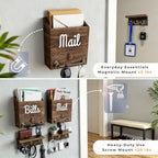 eBun Magnetic Mail Organizer with Key Hooks – 2-Pack Solid Wood Wall Mount for Mail & Bills, 12 Hooks Entryway Holder, No-Drill for Renters