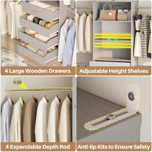 Aheaplus Closet System, 4-9Ft Closet Organizer with 4 Wooden Drawers, Wood Closet Organizer System with Tower, Walk-in Closet Organizer Wardrobe Garment Clothes Rack with 4 Hanging Rods, Grey - color: Grey