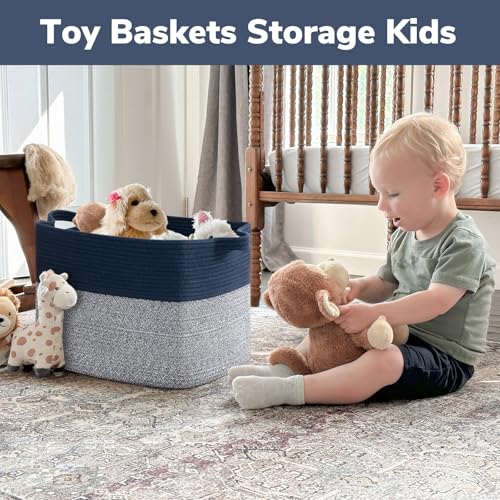 Goodpick Woven Baskets for Organizing, 18" x 14" x 12" Large Storage Basket for Living Room Bedroom, Decorative Toy Baskets Storage Kids Rectangle Blanket Basket with Handles, Dark Blue - color: Blue, size: 18"L x 14"W x 12"H