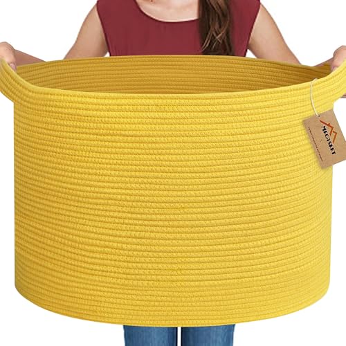 MEGASKET Extra Large Yellow Basket, 22” X 22” X 14” Cotton Rope Yellow Decor for Living Room Bedroom, Woven Basket for Blanket, Laundry, Towel, Shoe, Baby Nursery Toy Organizer, Room Decor Storage Bin - color: Yellow, size: 22"x22"x14"