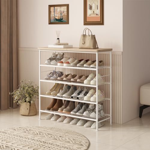 SUOERNUO Shoe Rack Organizer 5 Tier for Closet Entryway Free Standing Metal Storage Shoe Shelf with MDF Top Board，White+Oak - color: White+oak, size: Standard 5 Tier