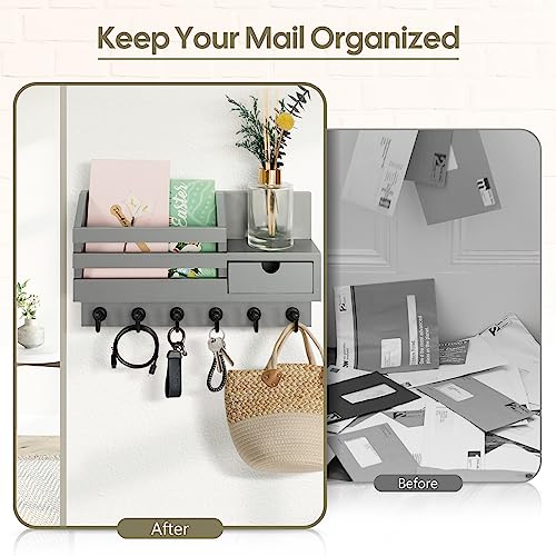 FifthQuarter Key and Mail Holder for Wall, Mail Organizer Wall Mount with 6 Hooks and Storage Drawer, Easy Installation Key Rack for Entryway and Home Decor (A-Grey) - color: A-Grey