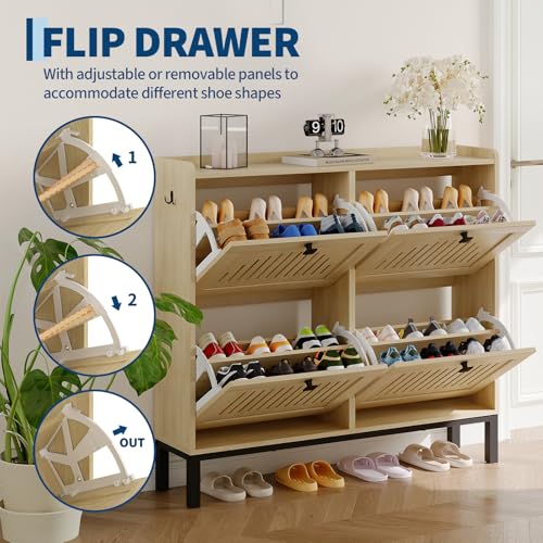 4-Door Flip Front Shoe Cabinet with Adjustable Shelves – Hidden Entryway Storage Organizer for Hallway, Foyer, Living Room – Freestanding Wooden Shoe Rack with Large Capacity & Modern Design, Natural - color: Natural Oak, size: 9.45"D x 41.34"W x 37.9"H