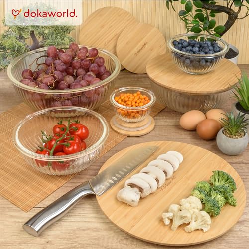Stackable Space-Saving Set of 5 Nesting Glass Bowls with Bamboo Lids for Foodprep, Storage, Baking, Mixing & Cooking, Microwave & Oven Safe BPA Free Heat Resistant Inert Borosilicate Glass - color: 5 Mixing Bowls with Bamboo Lids (Ribbed)