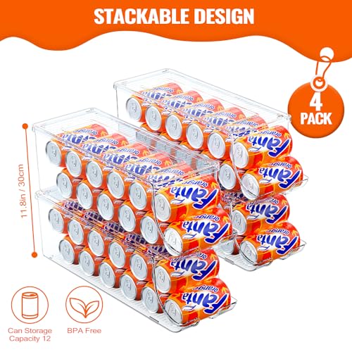 SCAVATA 4 Pack Soda Can Organizer for Refrigerator, Stackable Canned Food Pop Cans Container Can Holder Dispenser with Lid for Fridge Rack Freezer, Clear Storage Bins-Holds 12 Cans Each (Transparent) - color: Transparent