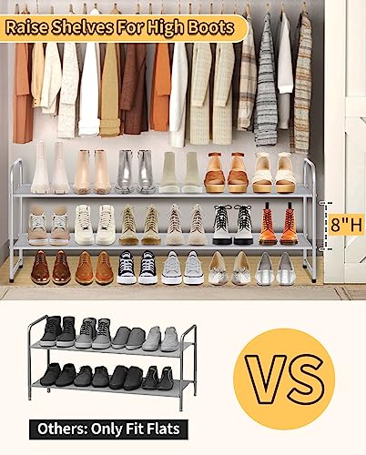 SLEEPING LAMB 2-Tier Long Shoe Rack Organizer for Closet, Stackable Wide Shoe Shelf Holds 18-Pairs Low Shoe Storage for Bedroom, Floor, Entryway (Grey) - color: Grey, size: 11.4 x 42.5 x 18.7