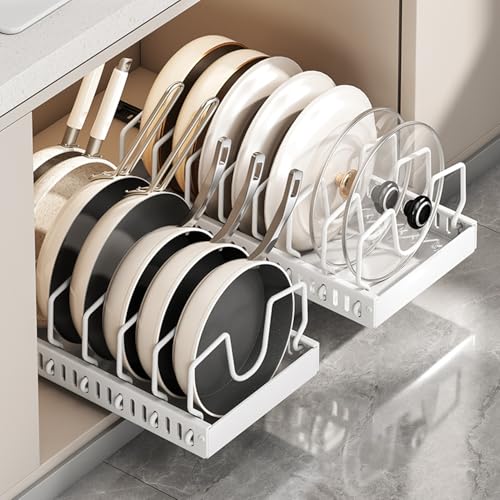 pots and pans organizer under cabinet,pot lid organizers inside cabinet holders for kitchen,Horizontal and vertical pulling modes,cast iron storage ((2pcs) White vertical) - size: (2pcs) White vertical
