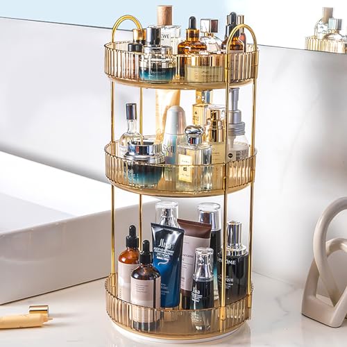 Rotating Makeup Organizer Countertop 3 Tier Lazy Susan Trays Clear Skincare Perfume Storage for Bathroom Counter Vanity, Amber Gold - color: Amber, size: 3 Tier
