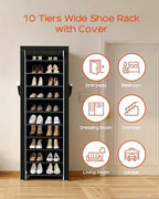 CASAMAYA Shoe Rack with Covers, 10 Tiers Tall Shoe Rack Organizer, Large Capacity Shoe Shelf Storage, Hold 20 Pairs of Shoes, Vertical Shoe Storage Organizer for Closet, Entryway, Black, SRT102B01 - size: 17.7"W - 10 Tier