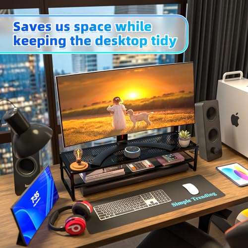 Simple Trending 2 Tier Metal Dual Monitor Stand Riser with 32"x10" Mouse Pad, Computer Desk Organizer for 2 Monitors, Laptop, Printer, TV, Black - color: Black