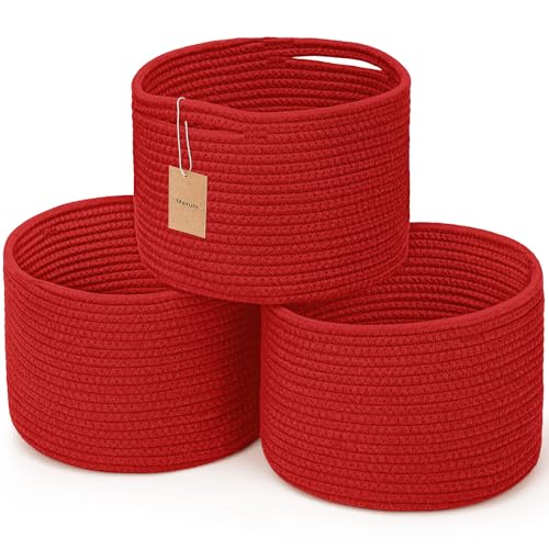 Small Rope Baskets for Storage, Baskets for Gifts Empty, Cute Round Woven Basket, Decorative Shelf Baskets 9.82×9.82×7.1", Cotton Toy Basket Storage Bins for Organizer 3 Packs-Red - color: Red-3PCS