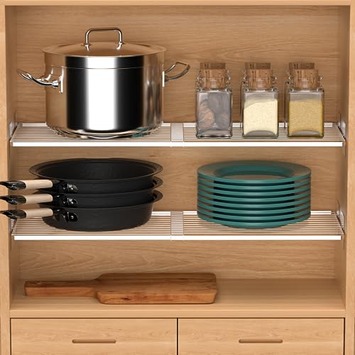 Closet Tension Shelves Organizer Expandable Cabinet Storage Shelving Rack Wire Metal DIY Divider Separator for Cabinet Wardrobe Cupboard Pantry Kitchen Bedroom, 2packs - size: 11.8"D x 16.9"-32" W