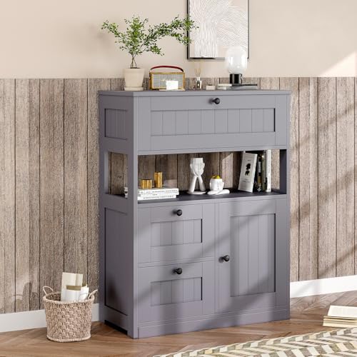 GRUSIGN Bathroom Cabinet, Modern Bathroom Floor Storage Cabinet Organizer with 1 Door and 3 Drawers, Freestanding Cupboard for Kitchen/Living Room Use - color: Grey
