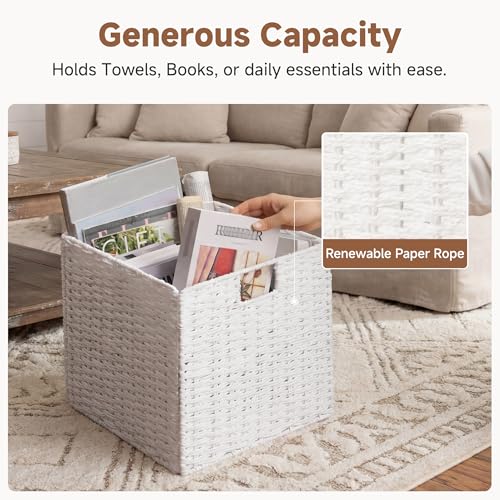 StorageWorks 13 inch Wicker Storage Baskets, Foldable Handwoven Wicker Basket for Organizing, Paper Rope Square Storage Cubes, White, 2 Pack - color: White, size: 13"L x 13"W x 13"H